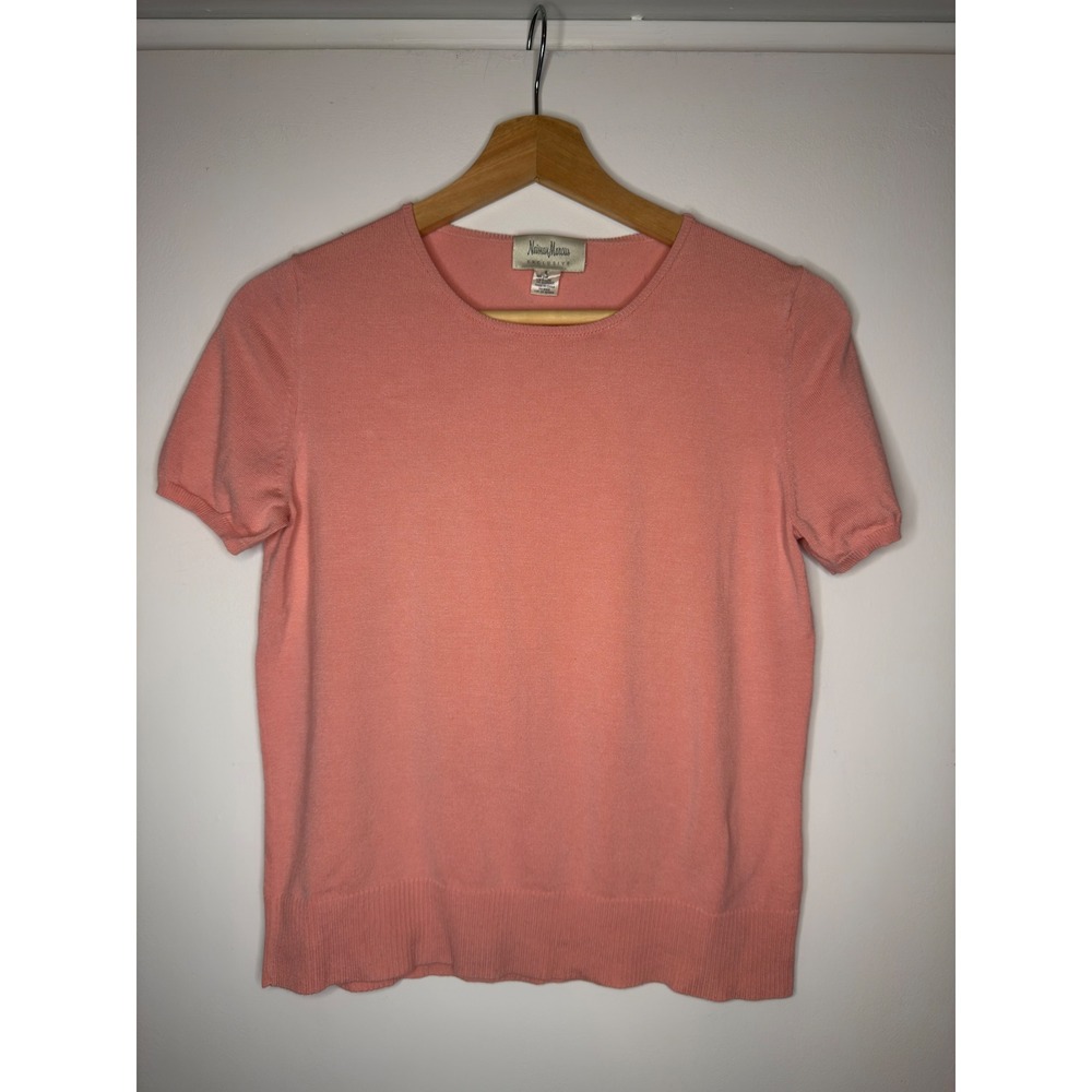 Neiman Marcus Sweater Women S Pink Silk Blend Short Sleeve Crew Neck Knit Top